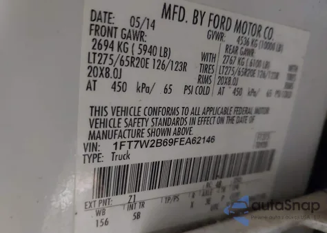 2015 Ford F-250 Lariat from USA, damaged, VIN 1FT7W2B69FEA62146
